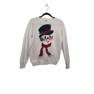 Vintage Large Snowman Holiday Christmas Handmade Glitter Sweatshirt Crewneck